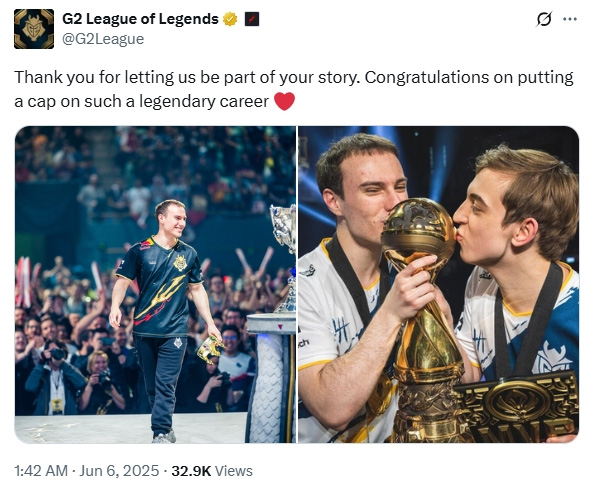 G2官方发文告别perkz：祝贺你为如此传奇的职业生涯画上句号