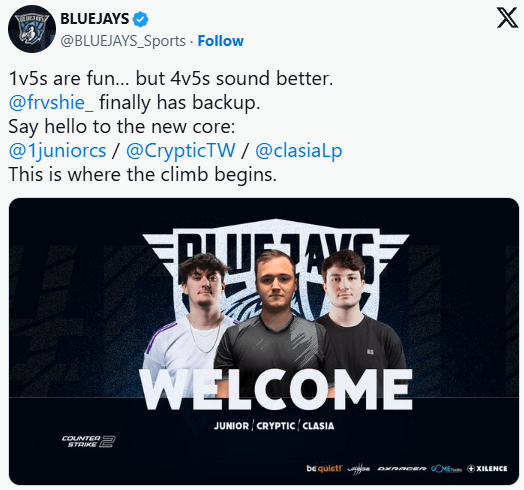 BLUEJAYS战队重组阵容 签下前Nouns三人组junior/Cryptic/CLASIA