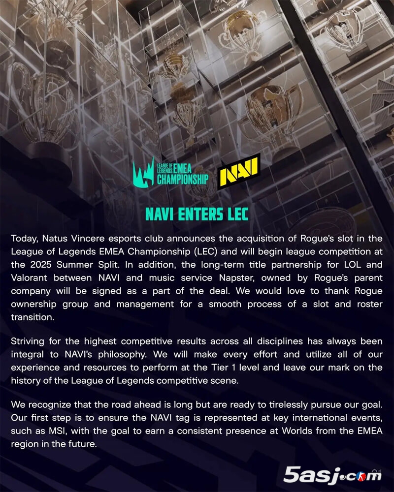 NAVI正式收购RGE进军LEC联赛 与Napster达成长期冠名合作 NAVI正式收购RGE进军LEC联赛 与Napster达成长期冠名合作
