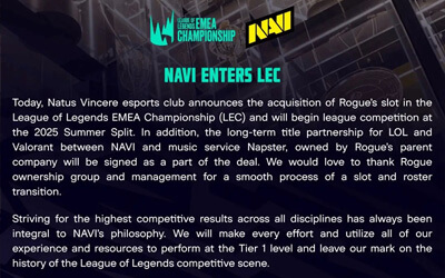 NAVI正式收购RGE进军LEC联赛 与Napster达成长期冠名