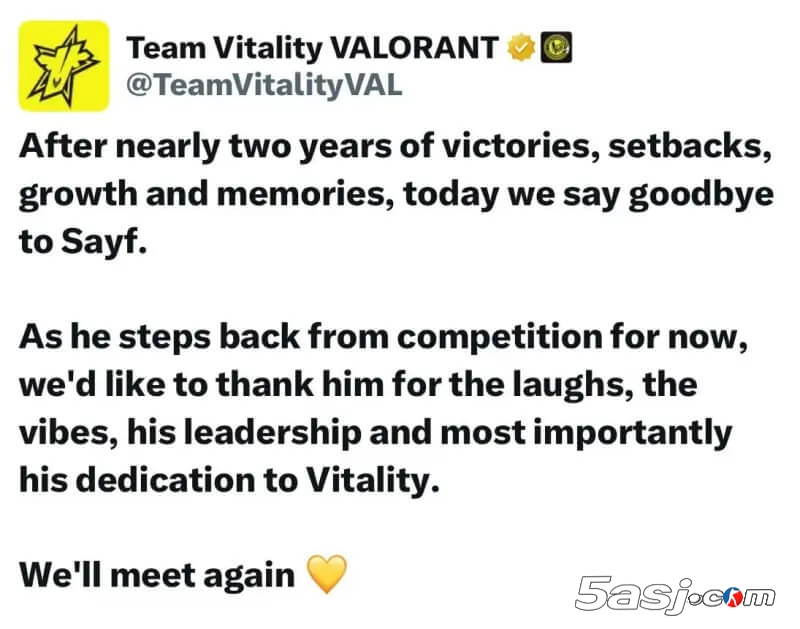 《VCT EMEA》重磅官宣：Sayf暂别赛场离队Vitality