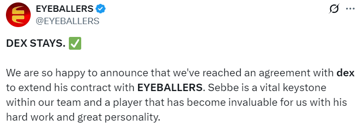 EYEBALLERS官宣续约核心选手dex 2025阵容完整公布 maxster加盟 EYEBALLERS官宣续约核心选手dex 2025阵容完整公布 maxster加盟