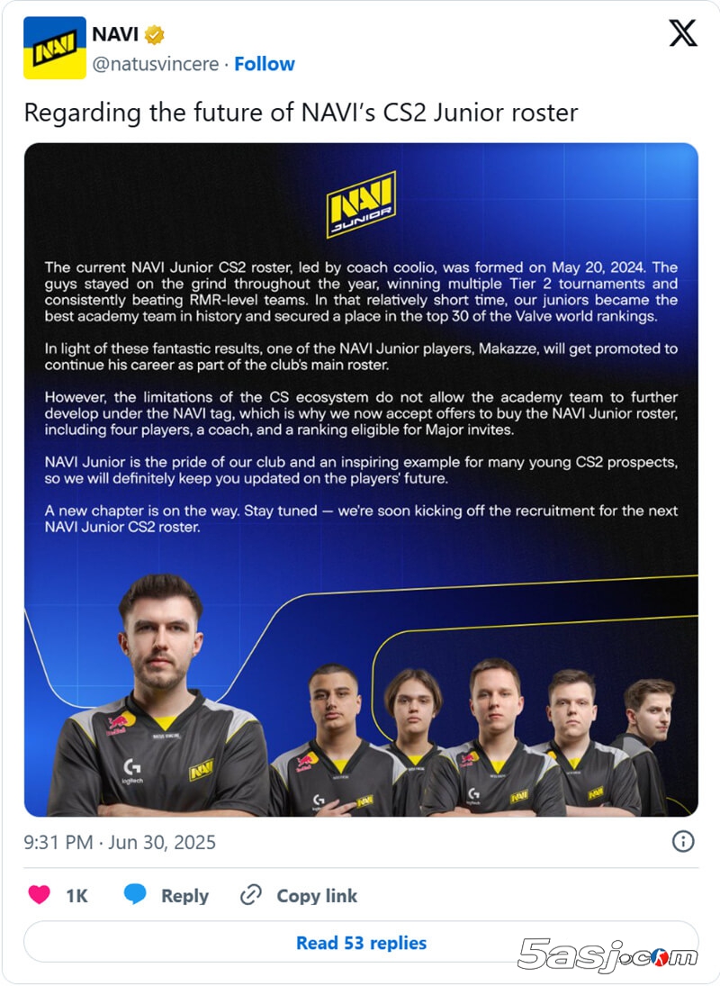 NAVI提拔makazze进入主队 CS阵容调整 青训新星 2025赛季 NAVI Junior解散