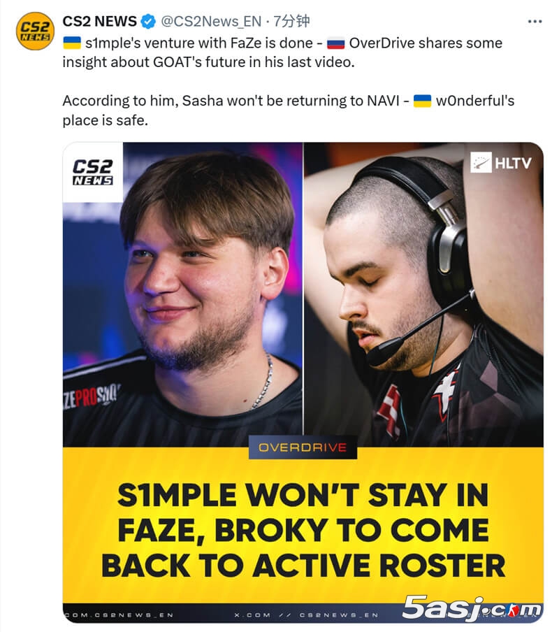 s1mple去向成谜！爆料人确认：FaZe不续约、NAVI不回归，w0nderful稳坐首发