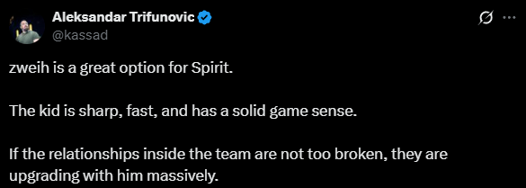 重磅转会！Spirit锁定Nemiga新星zweih 分析师kassad盛赞：思维敏捷、反应极快