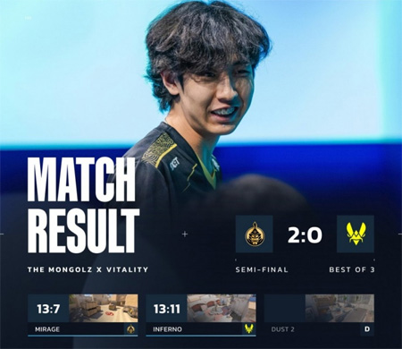 BLAST赏金赛S2：MongolZ 2-0 Vitality晋级，小蜜蜂止步四强！