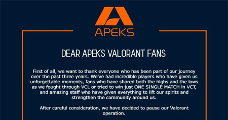 Apeks突发停运无畏契约分部！预算缩水+席位改制成主因